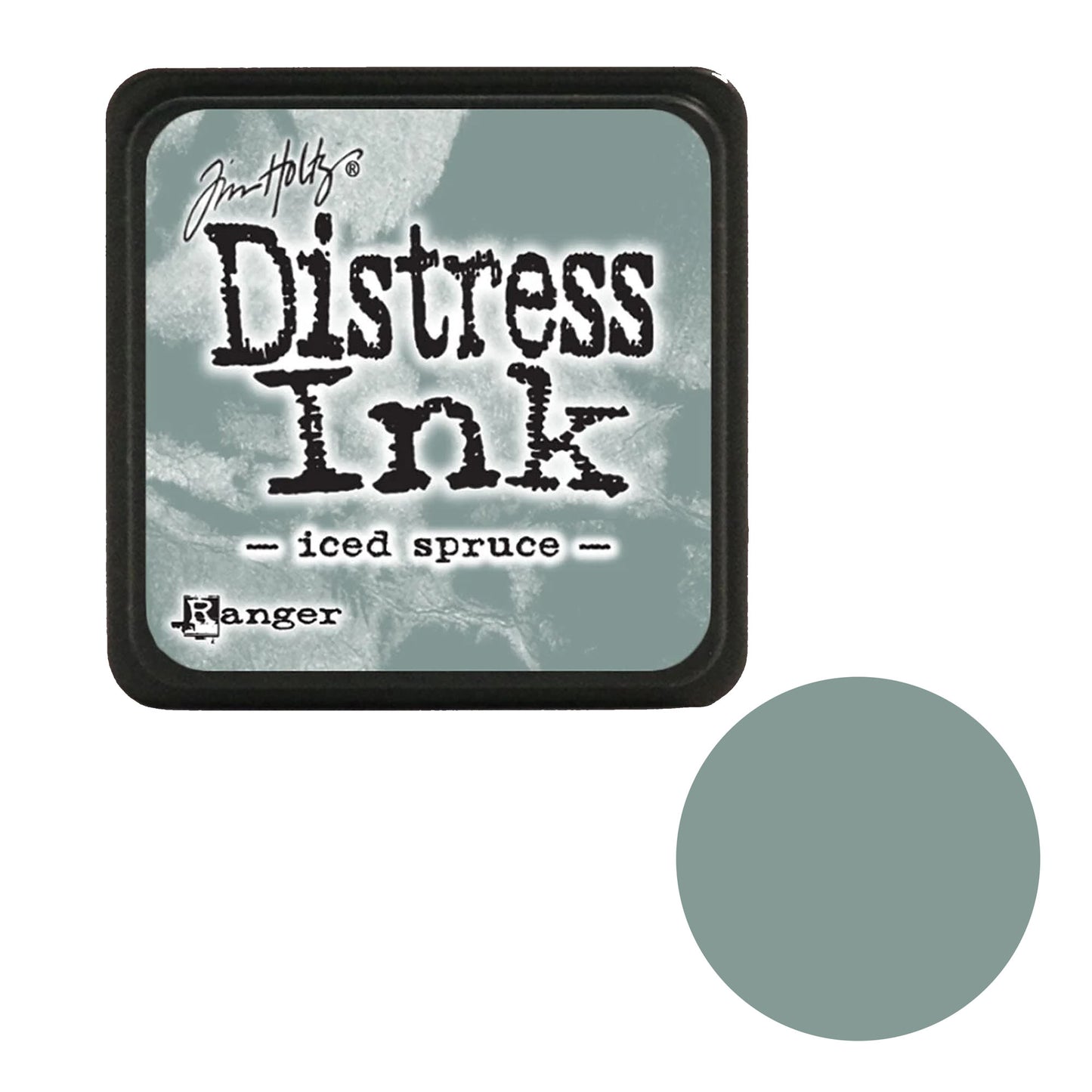 Distress Ink pad by Tim Holtz with 'iced spruce' color swatch on a white background
