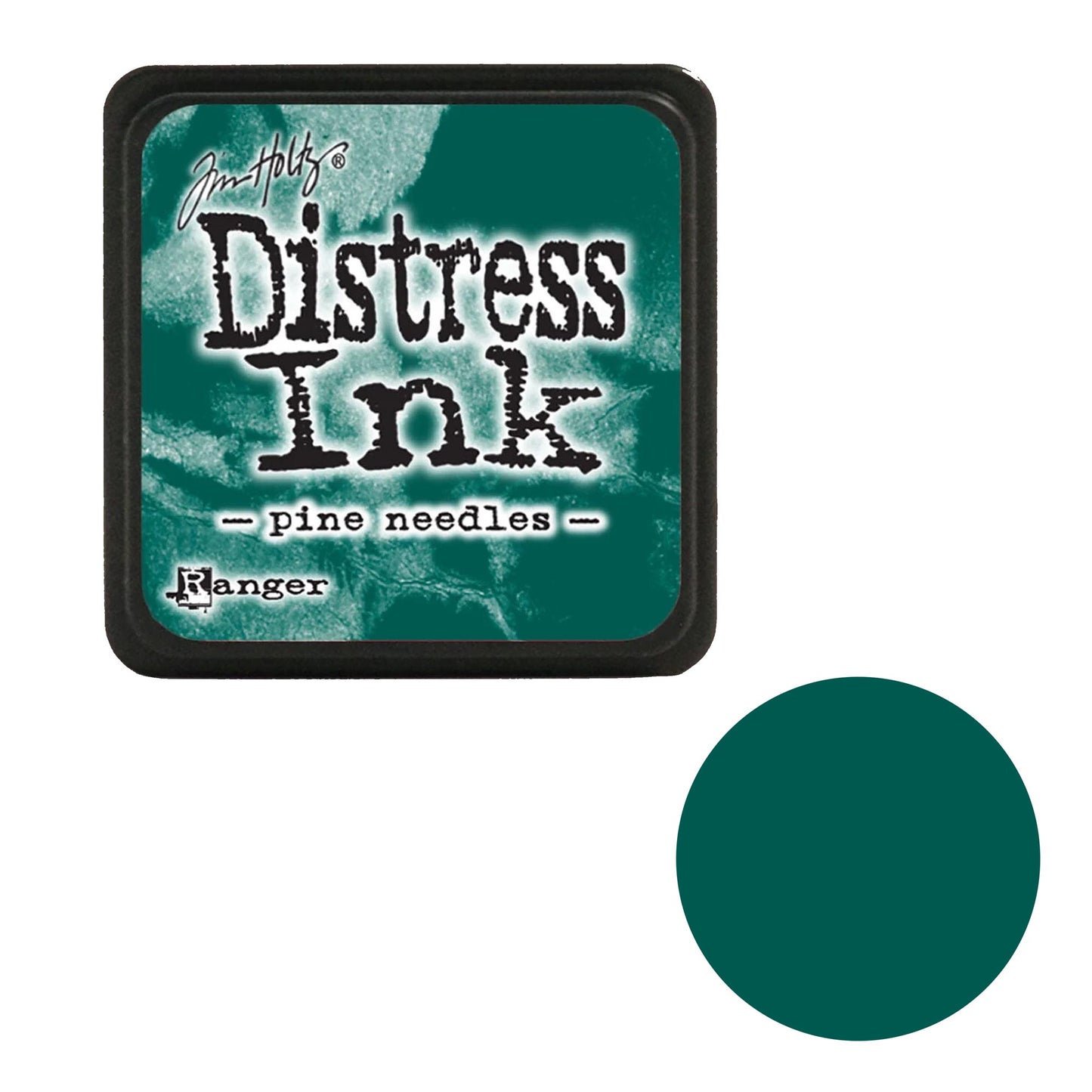 Tim Holtz Distress Ink pad with 'pine needles' color swatch on a white background