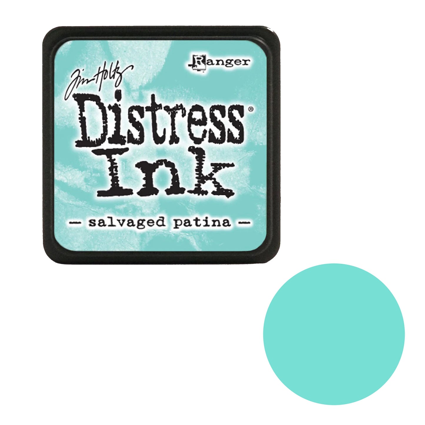 Tim Holtz Distress Ink pad by Ranger with a sample of 'salvaged patina' color on a white background