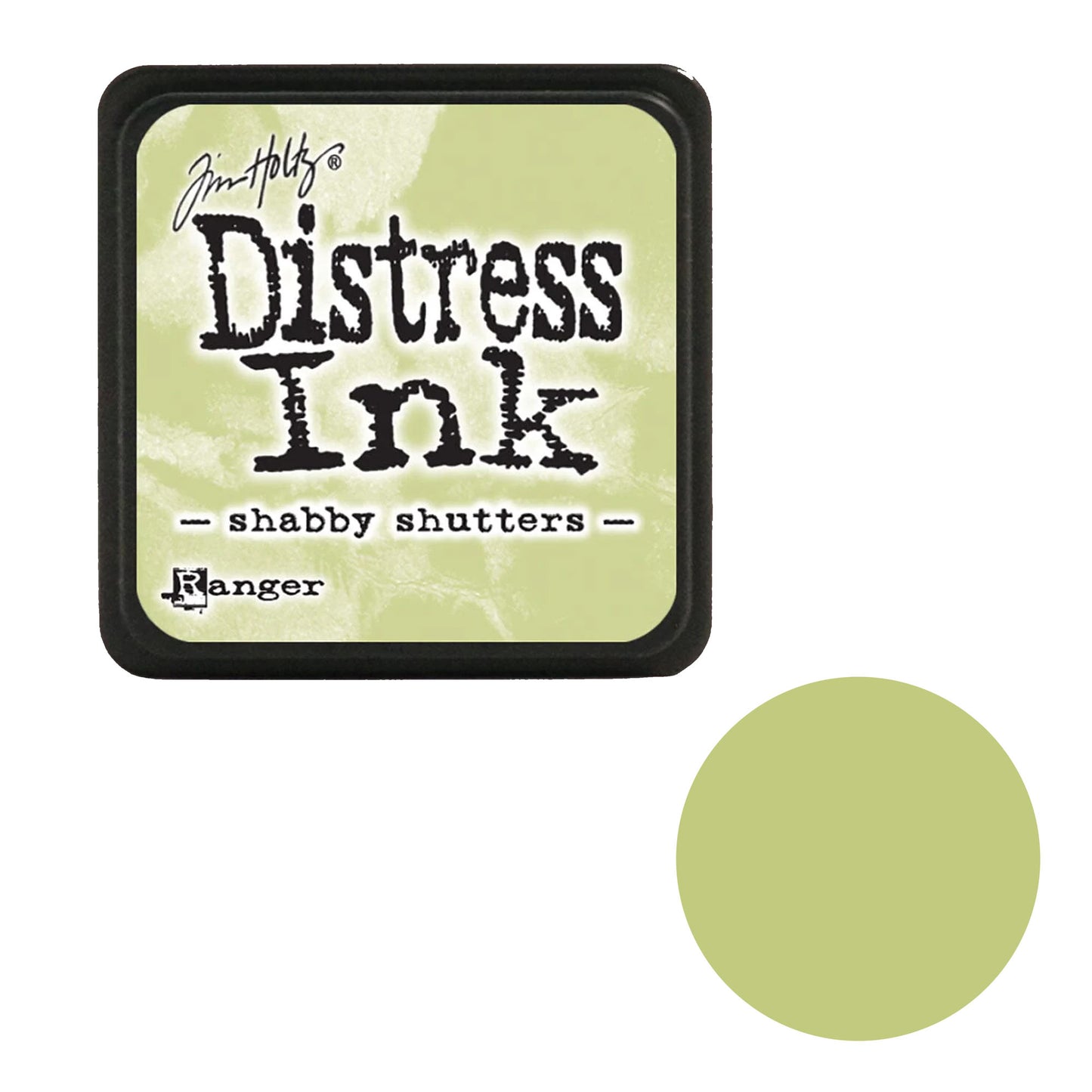 Distress Ink pad by Tim Holtz with 'Shabby Shutters' color swatch on a white background