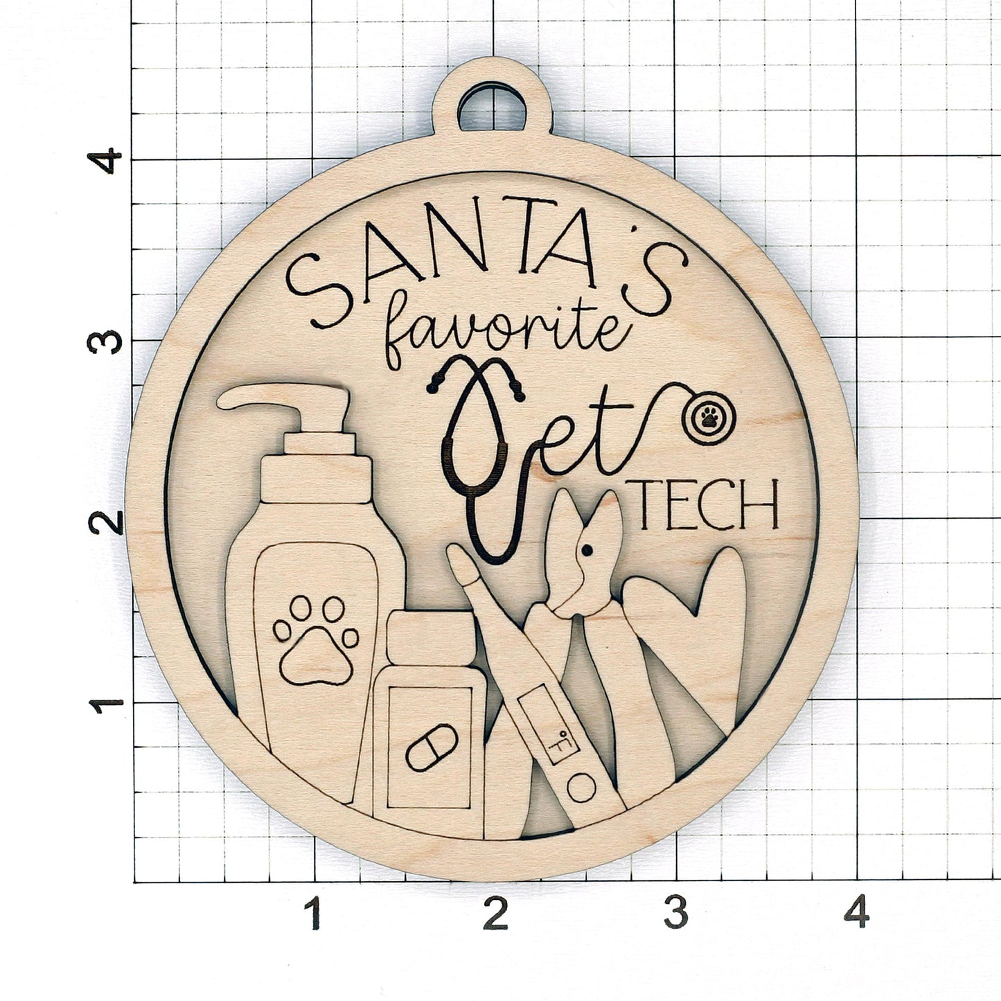 Wooden ornament blank with 'Santa's favorite vet tech' text and medical tools on a grid background
