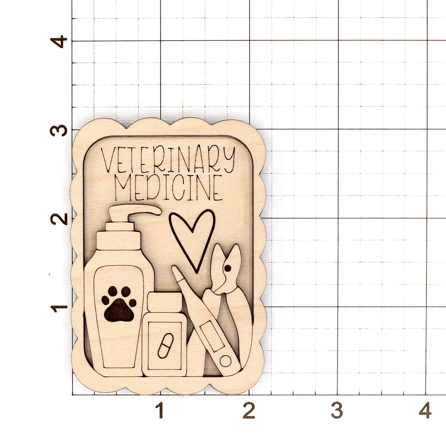 Wooden laser blank with veterinary medicine theme on a grid background