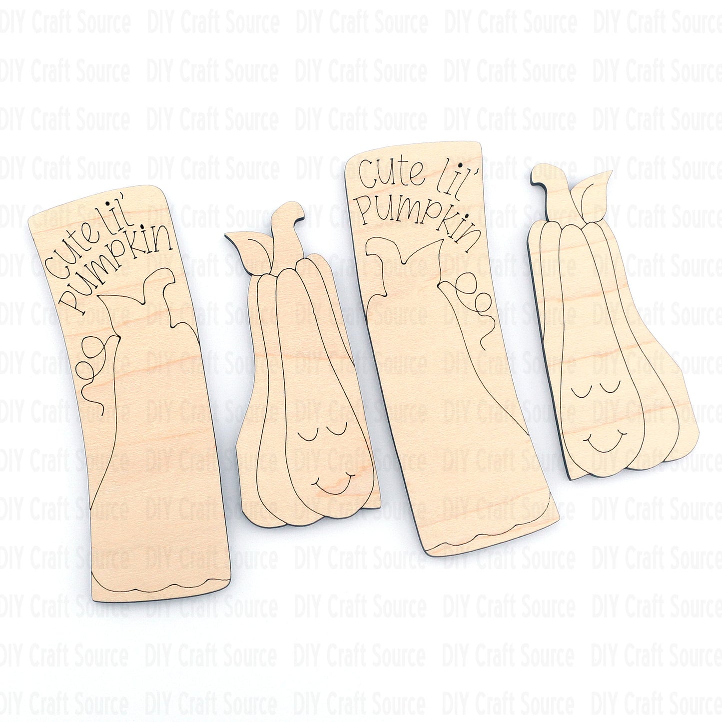 Wooden pumpkin-shaped cutouts with 'cute lil' pumpkin' text on an unfinished laser cut blank for hair clip