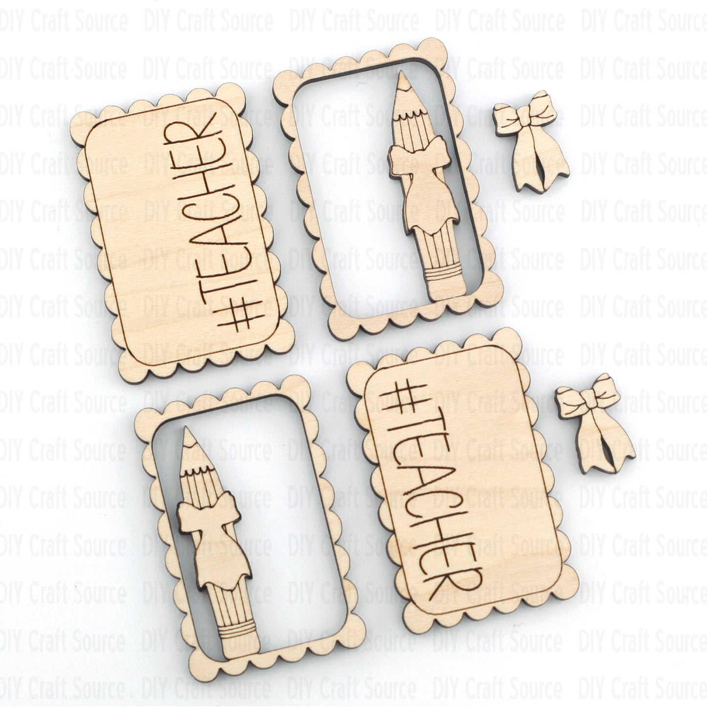 Wooden hair clip blank with 'TEACHER' and pencil design