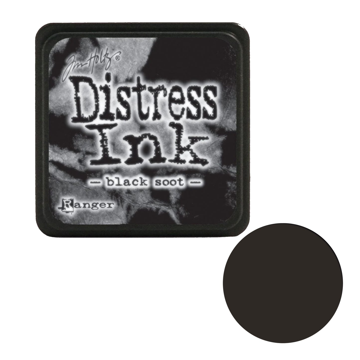 Distress Ink pad by Tim Holtz for black soot color with a black circle showing the ink color on a white background