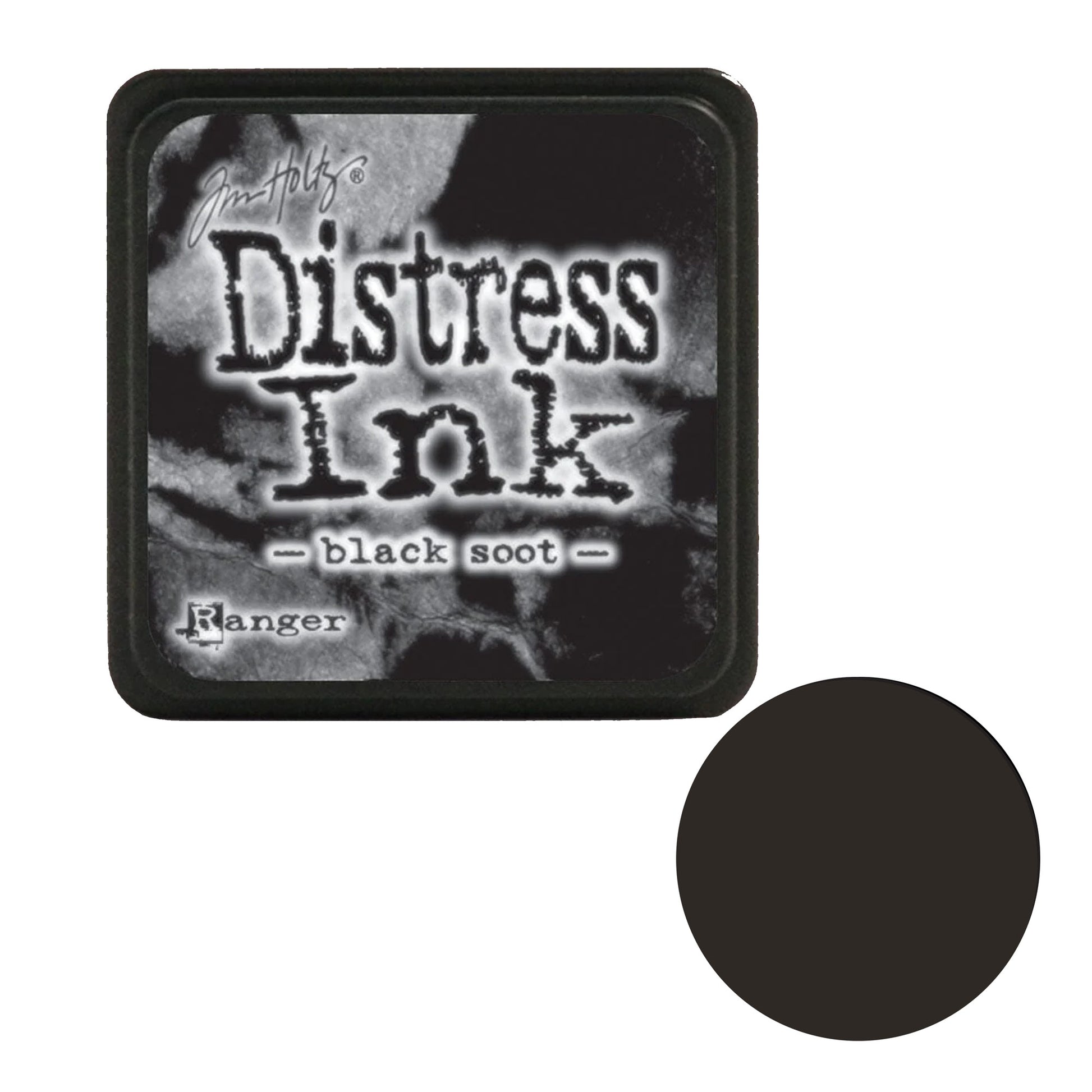 Distress Ink pad by Tim Holtz for black soot color with a black circle showing the ink color on a white background