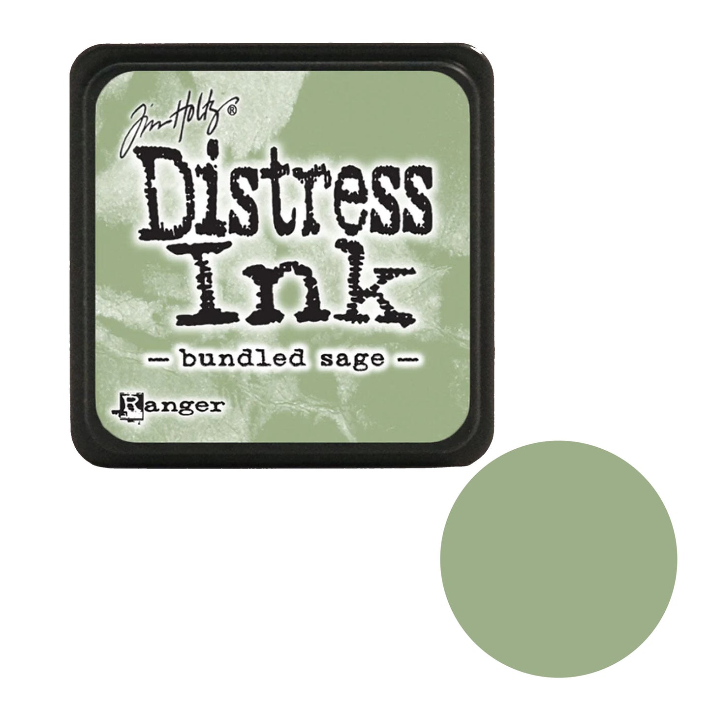 Distress Ink pad by Ranger with bundled sage color swatch on a white background