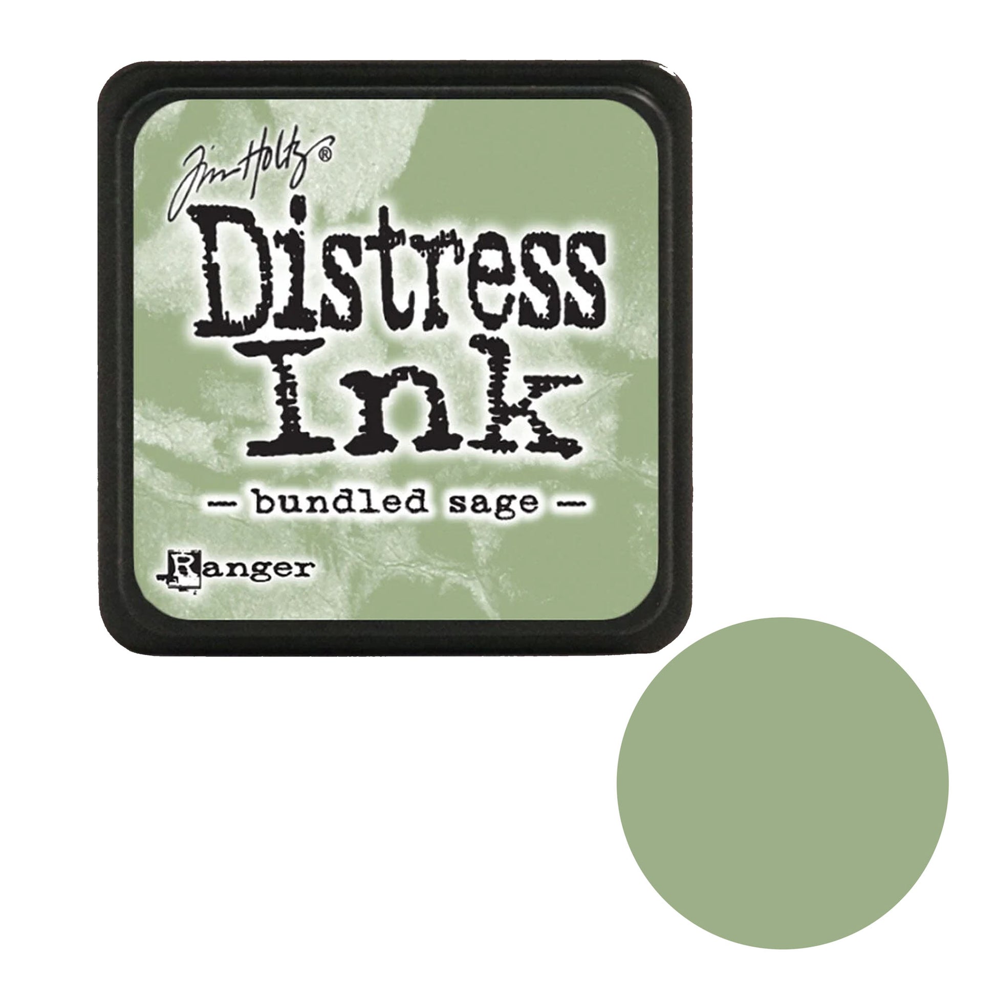 Distress Ink pad by Ranger with bundled sage color swatch on a white background