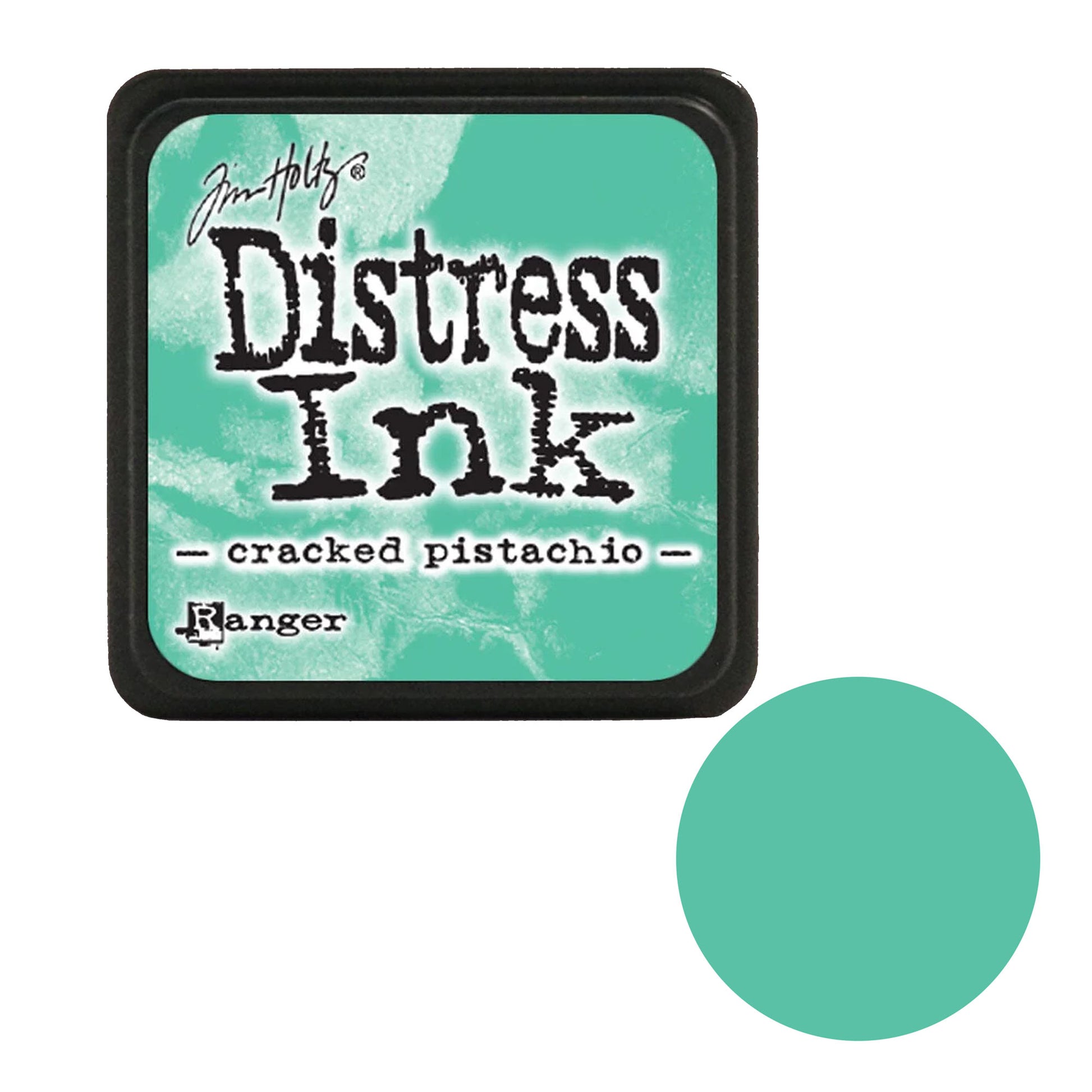 Tim Holtz Distress Ink pad with cracked pistachio color swatch on a white background