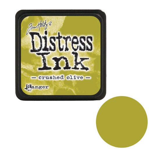 Tim Holtz Distress Ink pad with 'crushed olive' color swatch on a white background