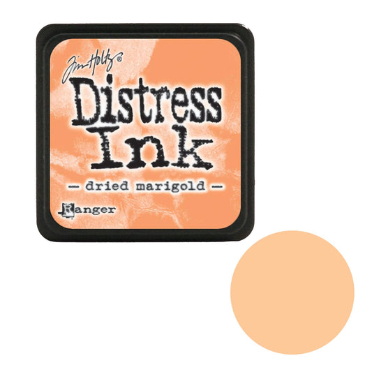 Tim Holtz Distress Ink pad by Ranger with a sample of dried marigold color on a white background