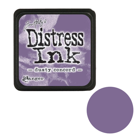 Tim Holtz Distress Ink pad in dusty concord color with a purple swatch on a white background