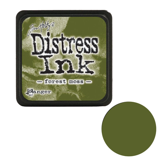 Distress Ink pad for 'forest moss' color by Tim Holtz with a green swatch on a white background.