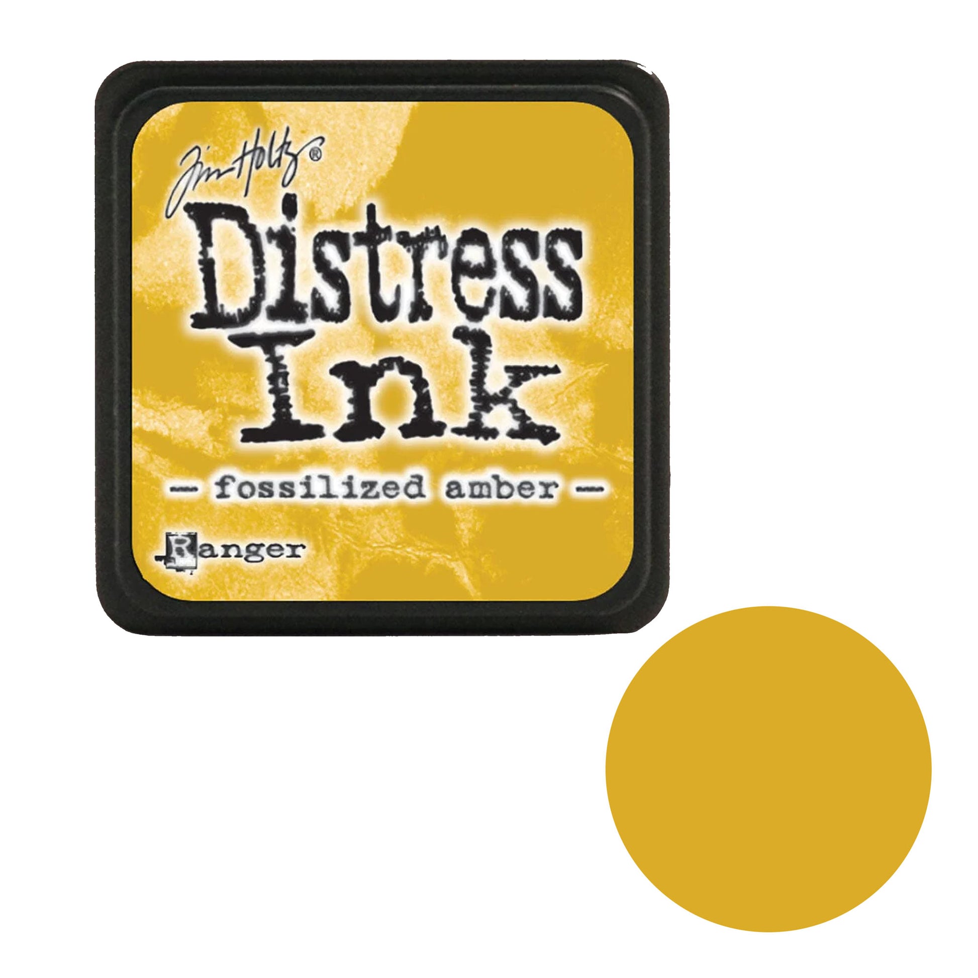 Tim Holtz Distress Ink pad with 'fossilized amber' color swatch on a white background