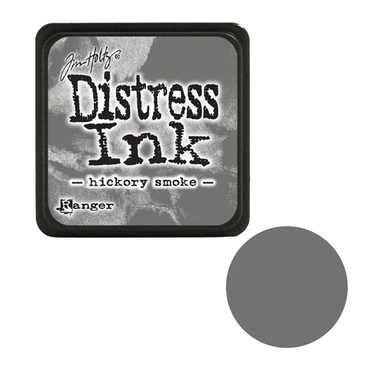 Tim Holtz Distress Ink pad with 'hickory smoke' color swatch on a white background