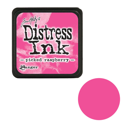 Pink Tim Holtz  Distress Ink pad with 'Picked Raspberry' color swatch on a white background