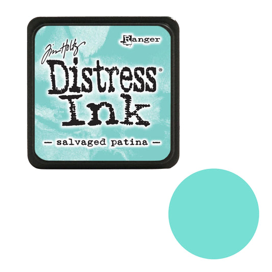 Tim Holtz Distress Ink pad by Ranger with a sample of 'salvaged patina' color on a white background