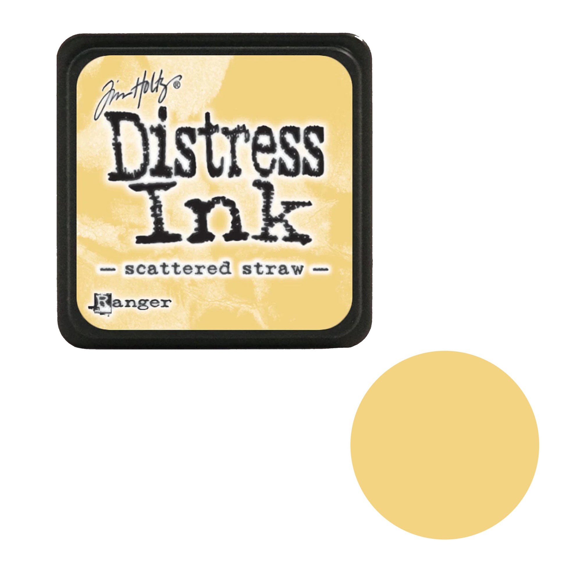 Tim Holtz Distress Ink pad for 'scattered straw' color with a yellow swatch on a white background