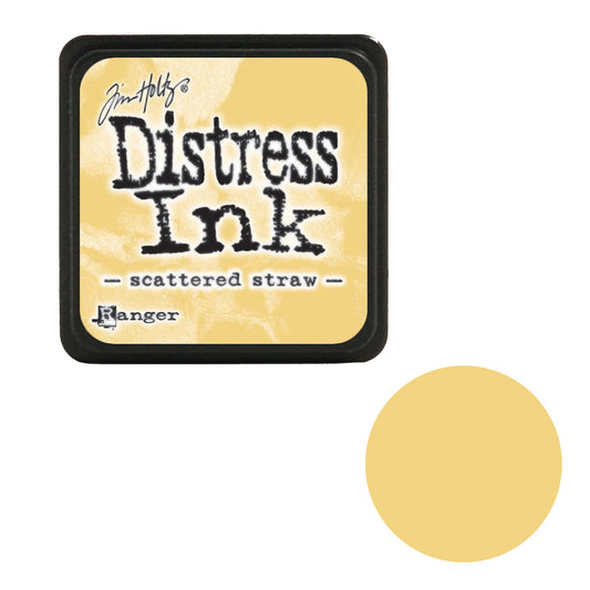Tim Holtz Distress Ink pad for 'scattered straw' color with a yellow swatch on a white background