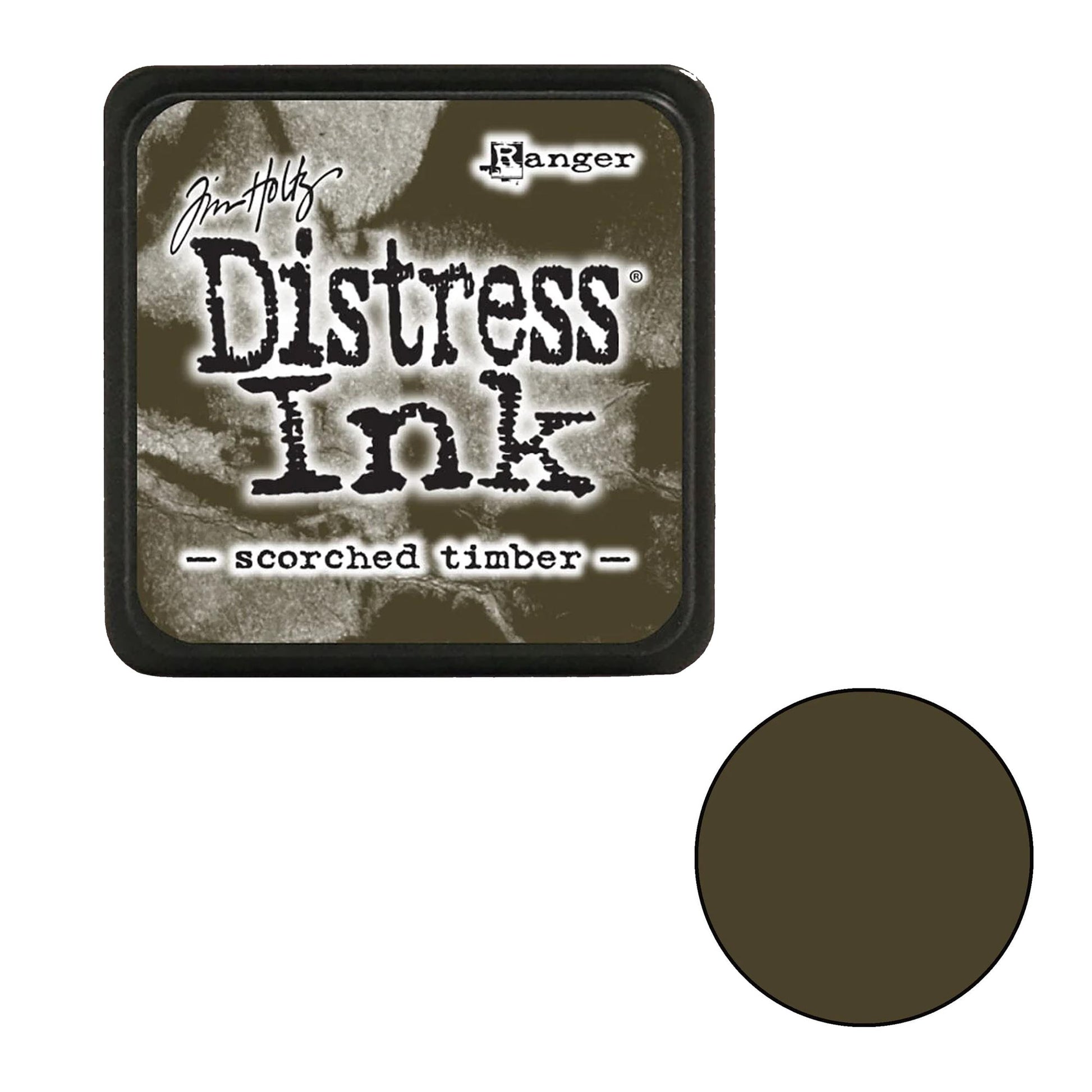 Tim Holtz Distress Ink pad by Ranger with 'scorched timber' color swatch on a white background