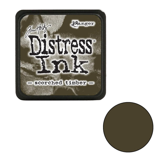 Tim Holtz Distress Ink pad by Ranger with 'scorched timber' color swatch on a white background