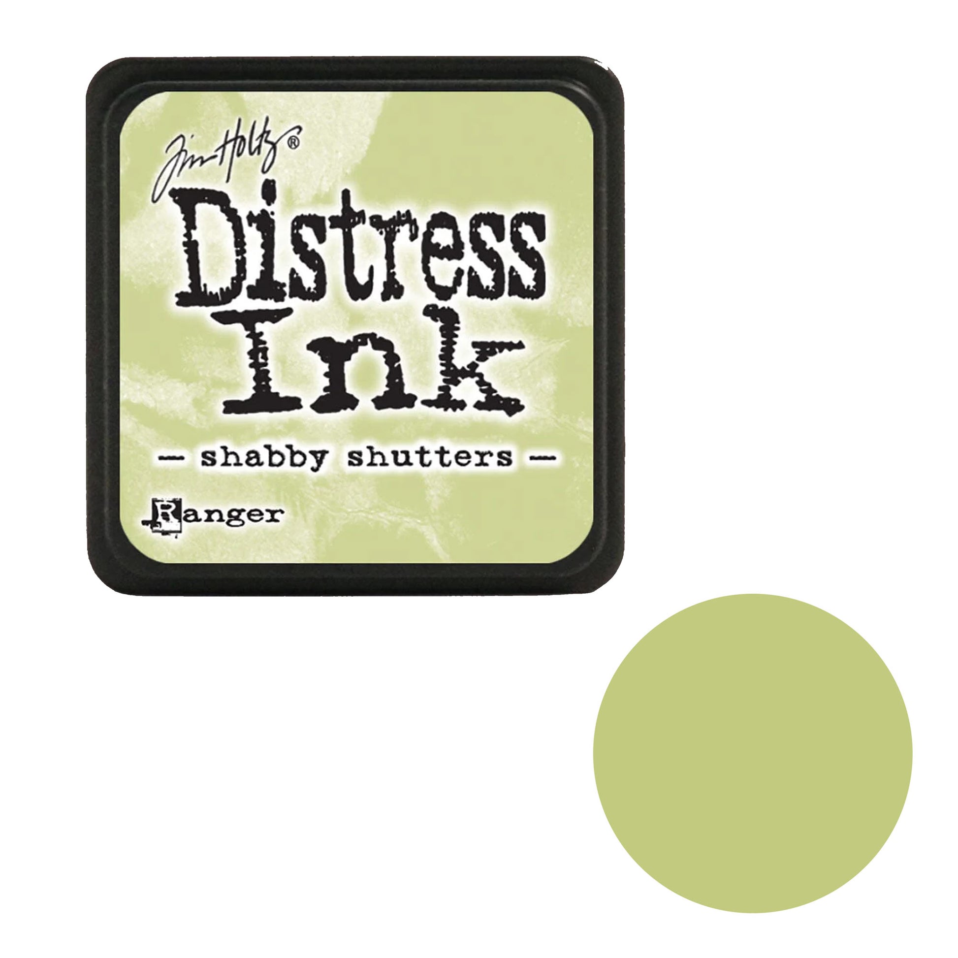 Distress Ink pad by Tim Holtz with 'Shabby Shutters' color swatch on a white background