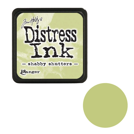 Distress Ink pad by Tim Holtz with 'Shabby Shutters' color swatch on a white background