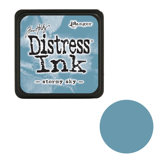 Tim Holtz Distress Ink pad by Ranger with 'stormy sky' color swatch on a white background