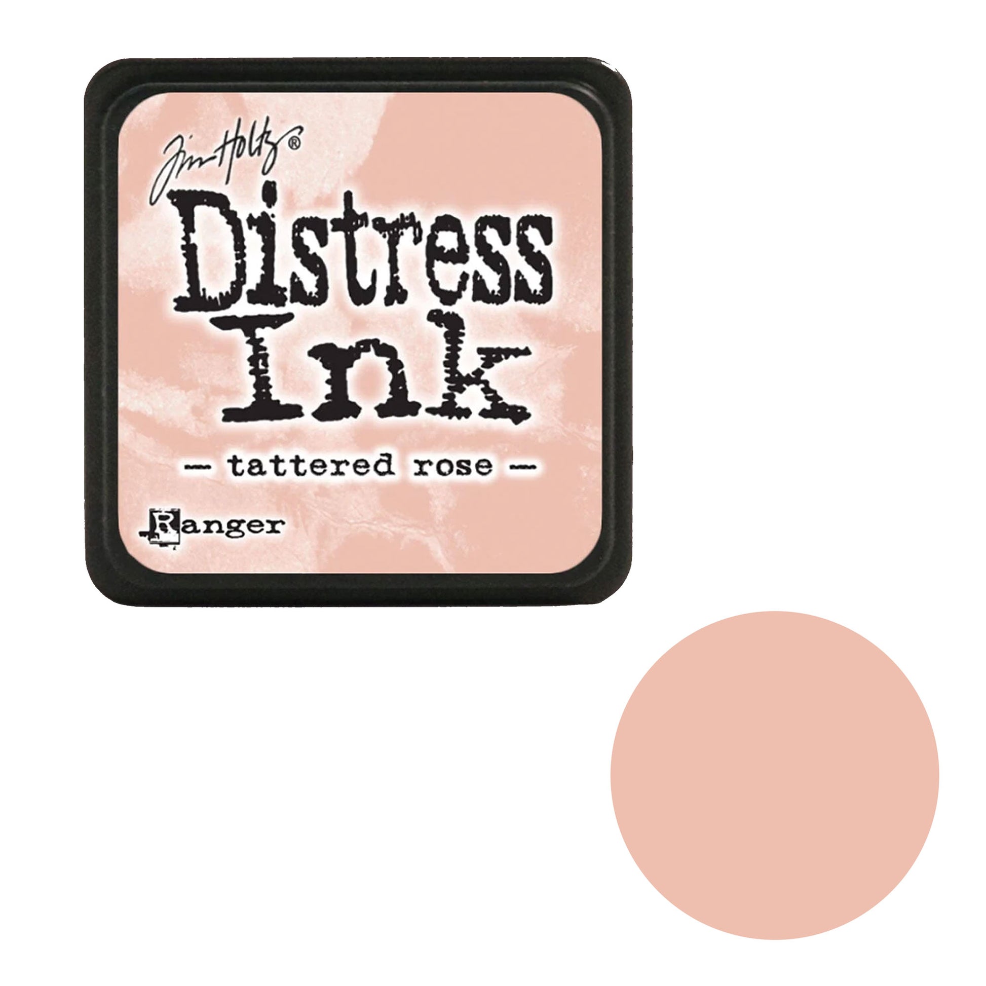 Tim Holtz Distress Ink pad with tattered rose color swatch on a white background