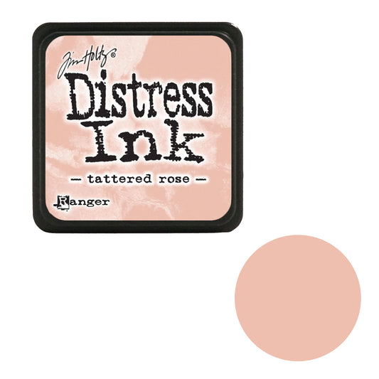 Tim Holtz Distress Ink pad with tattered rose color swatch on a white background
