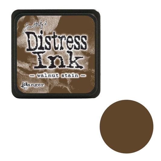 Tim Holtz Distress Ink pad with 'Walnut Stain' color swatch on a white background
