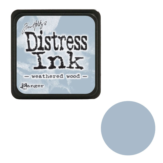 Tim Holtz Distress Ink pad for weathered wood with a color swatch on a white background