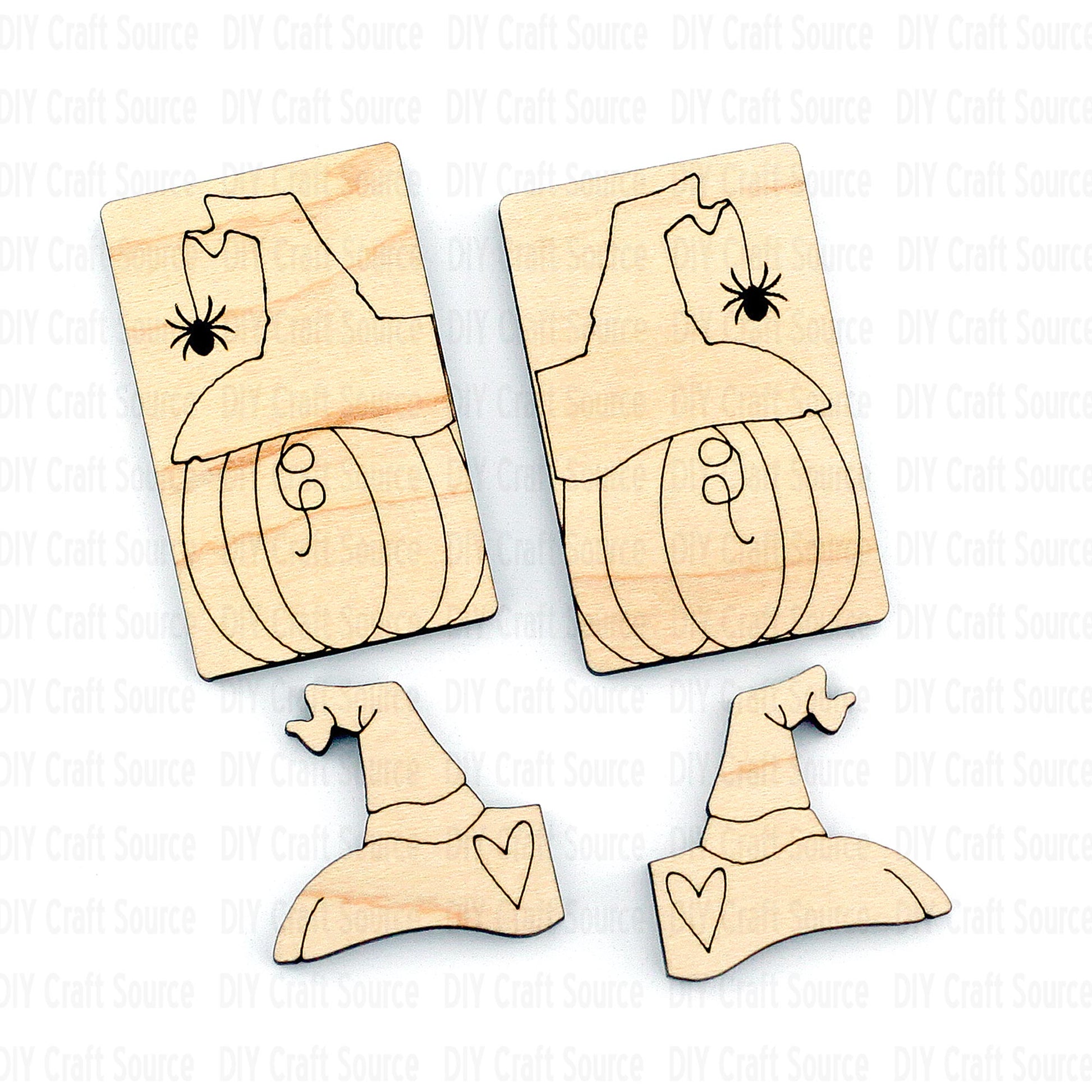 Wooden Halloween-themed laser blanks with witch hats and spiders on pumpkin is ready to paint for hair clip