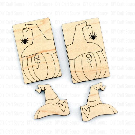 Wooden Halloween-themed laser blanks with witch hats and spiders on pumpkin is ready to paint for hair clip