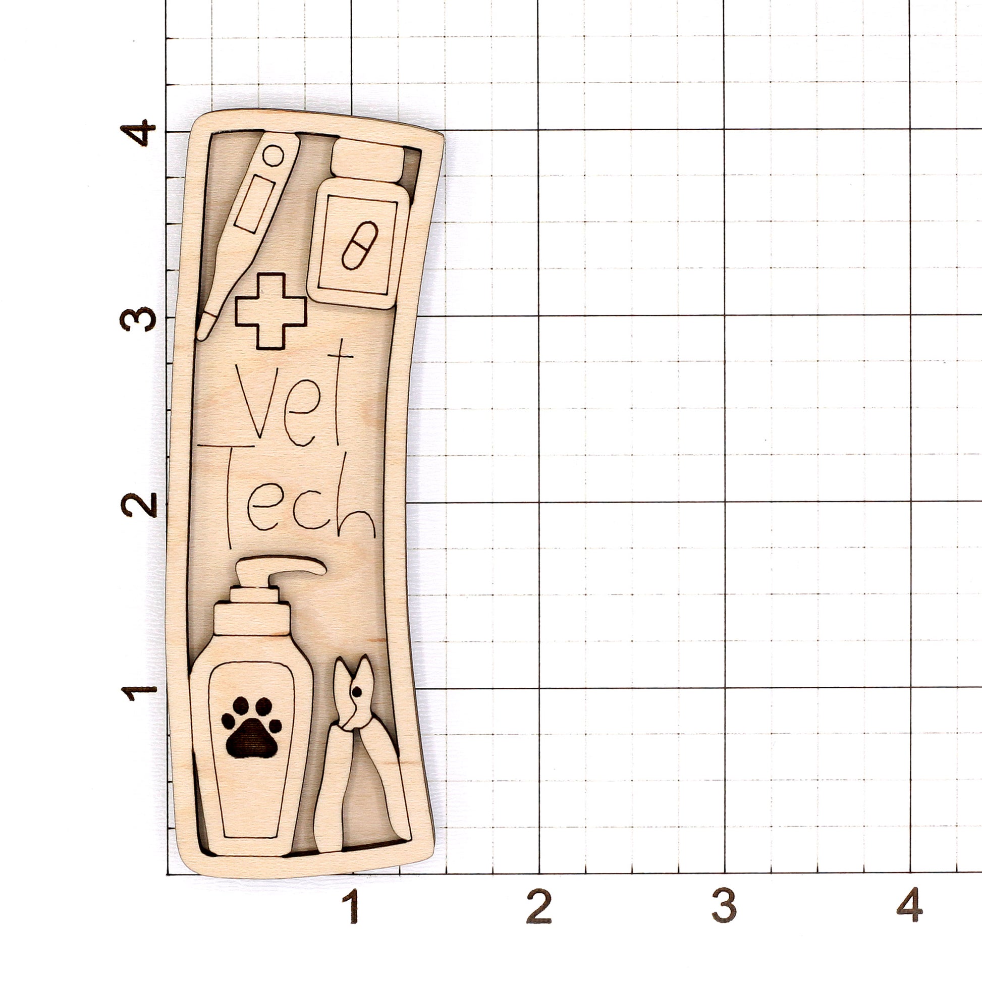 Wooden hair clip blank with veterinary tools and 'Vet tech' text on a grid background