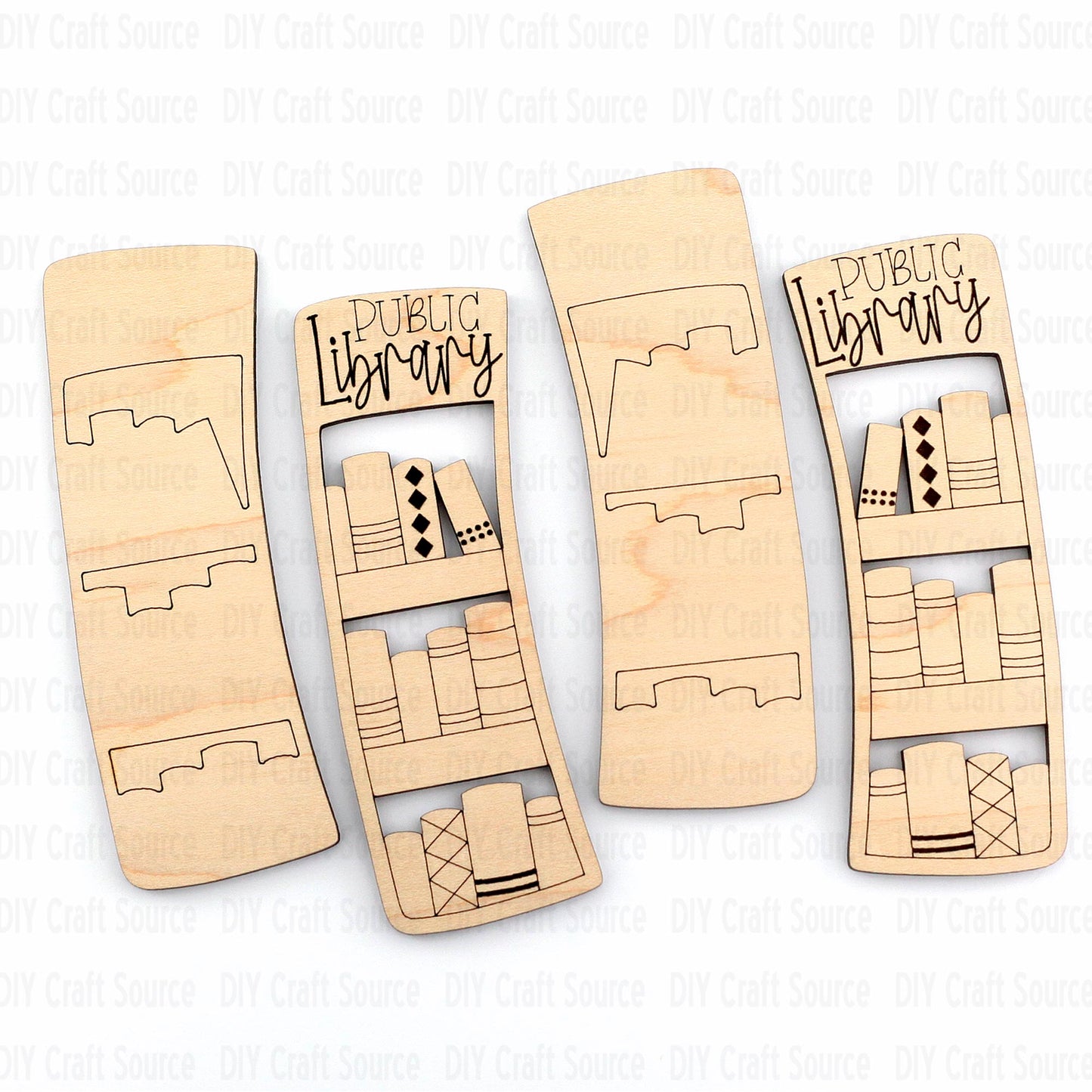Set of wooden laser blanks for hair clip with 'Public Library' design on a white background