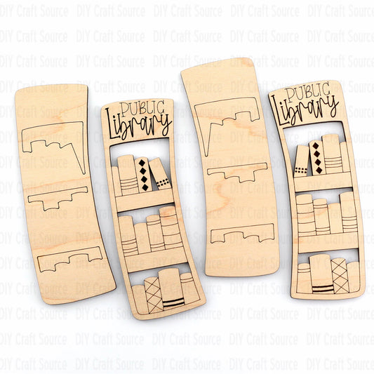 Set of wooden laser blanks for hair clip with 'Public Library' design on a white background