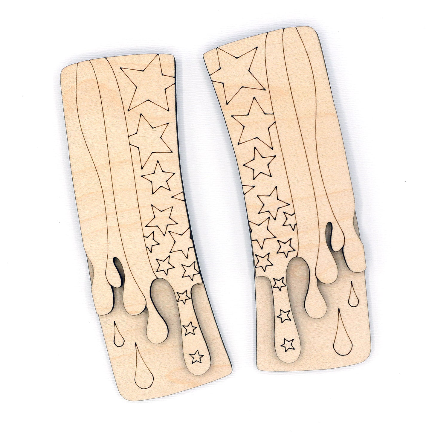 Wooden hair clip blanks with flag pattern on a white background