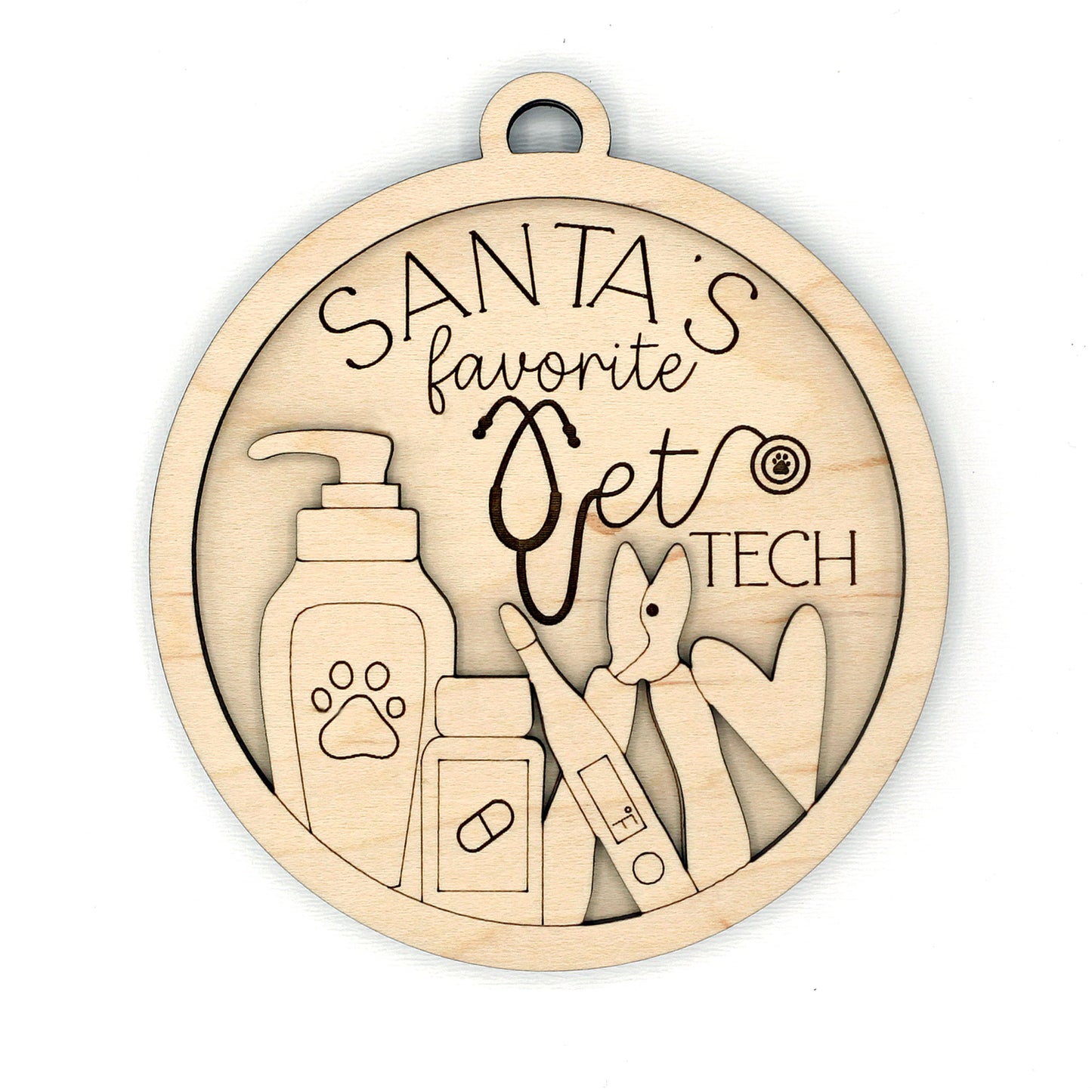Wooden ornament blanks with 'Santa's Favorite Vet Tech' text and pet care illustrations on a white background