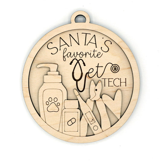 Wooden ornament blanks with 'Santa's Favorite Vet Tech' text and pet care illustrations on a white background