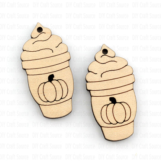 Wooden pumpkin spice coffee earrings on white background are ready to paint