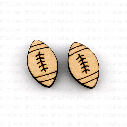 Wooden football-shaped blank earring studs on a white background that are ready to paint.