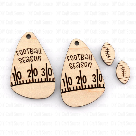 Wooden teardrop-shaped earring blanks with 'Football Season' and field text on a white background.