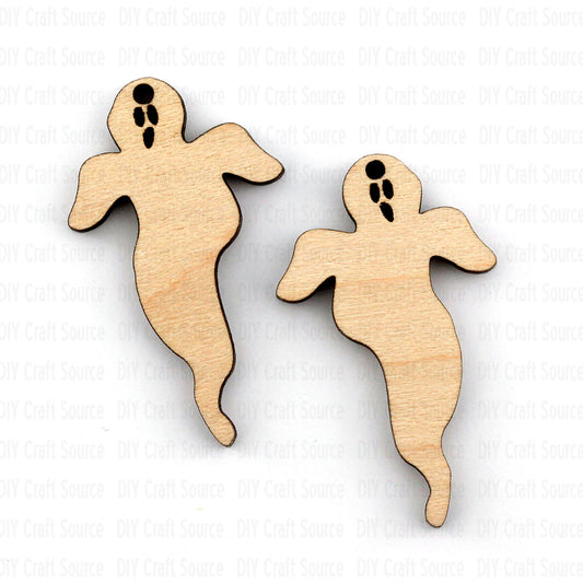 Wooden ghost-shaped laser blank earrings on a white background