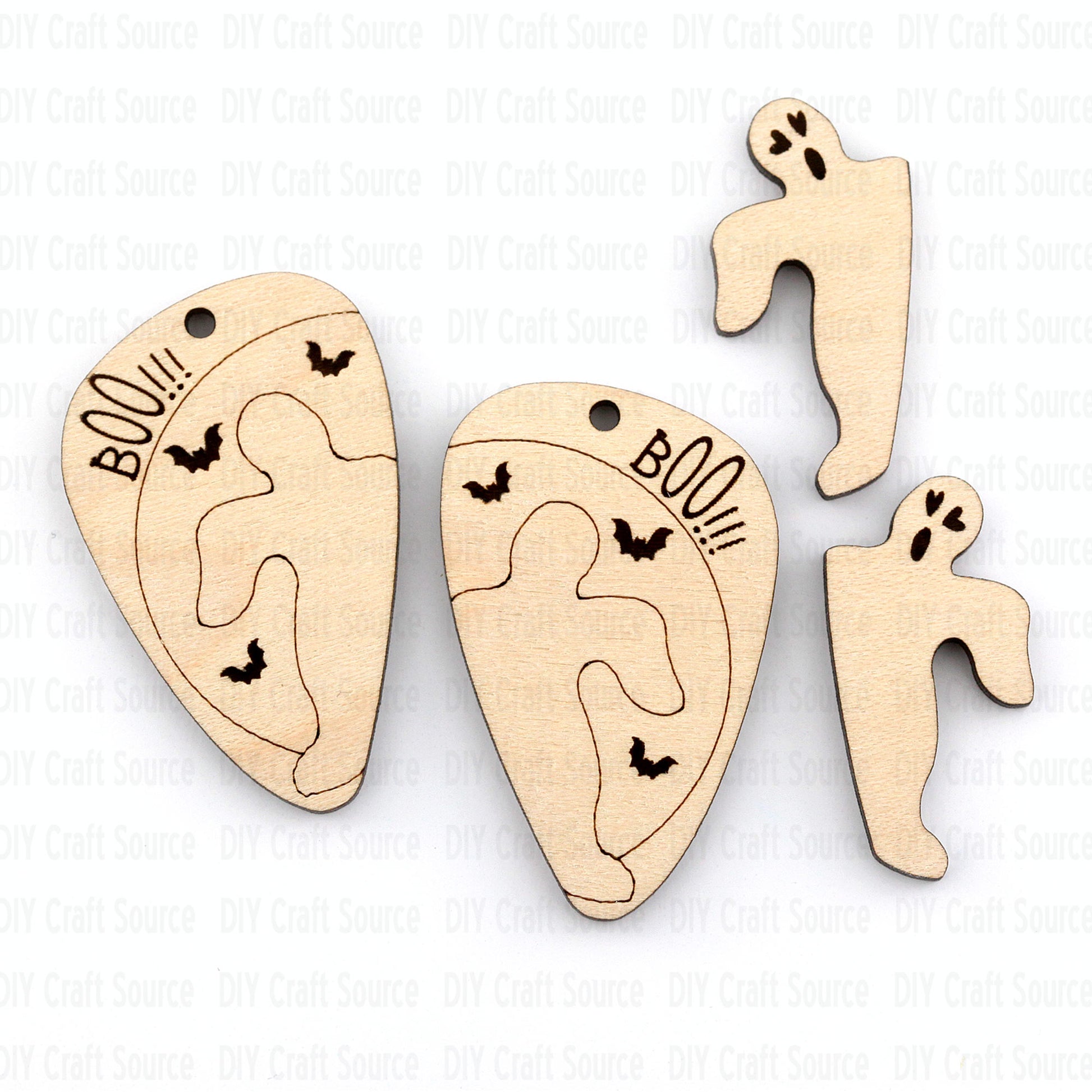 Wooden Halloween earrings with ghost and ghostly figure shapes on a white background that are ready to paint