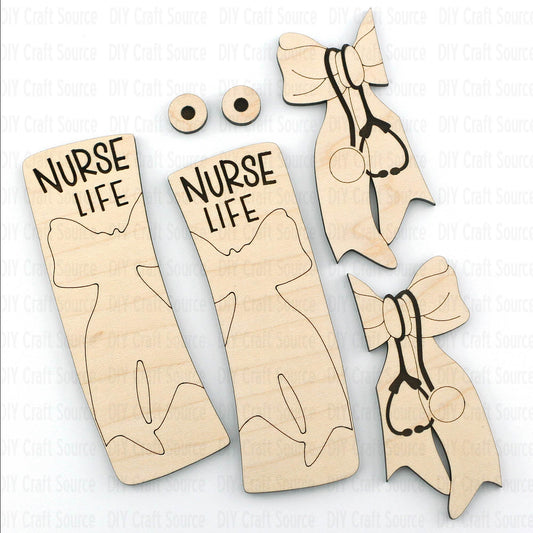 Wooden cutouts of a nurse's outfit with 'Nurse Life' text on a white background
