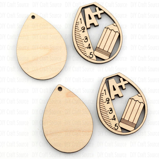Wooden teardrop-shaped unfinished blank earrings with teacher design on a white background that are ready to paint