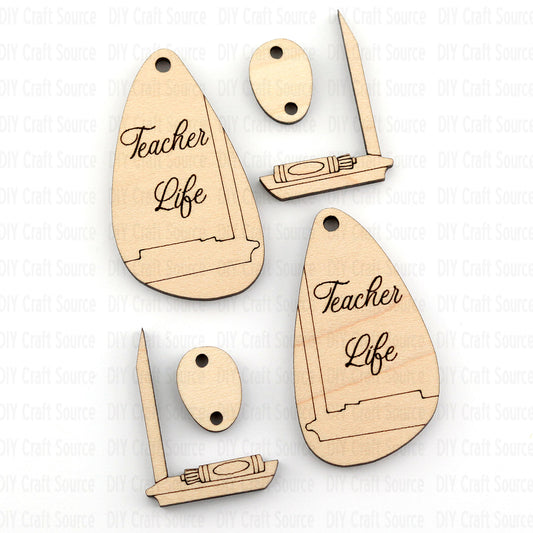 Wooden earring blanks with 'Teacher Life' text on a white background