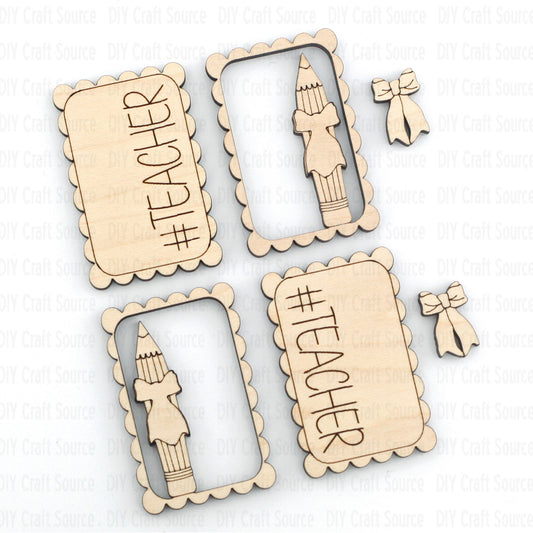 Wooden hair clip blank with 'TEACHER' and pencil design